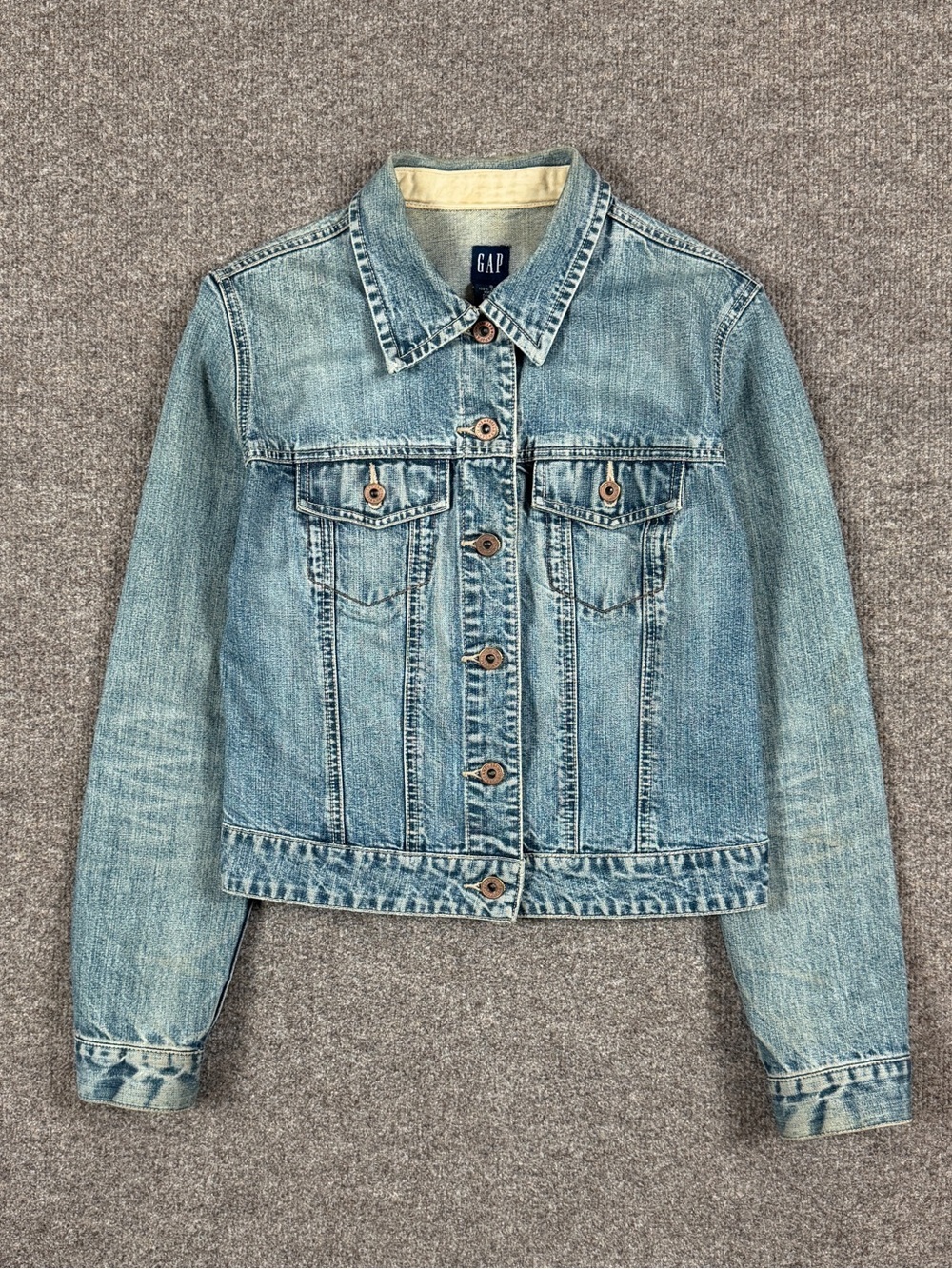 Vintage Y2K ‘00 Gap Blue Denim Jean Jacket Women’s Small Distressed Faded Patina